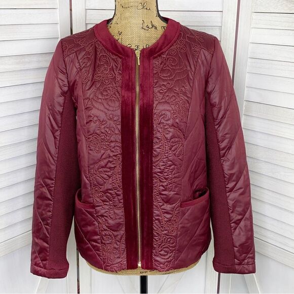 Zenergy by Chico’s Quilted Embroidered Puffer Moto Jacket Maroon Red Small - Picture 1 of 16